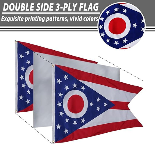 FLAGWIN Ohio Flag 3x5 FT - 3 Ply Double Sided Polyester Ohio State Flag with Brass Grommets - Vivid Color and Fade Proof State of Ohio Flags 3x5 Outdoor