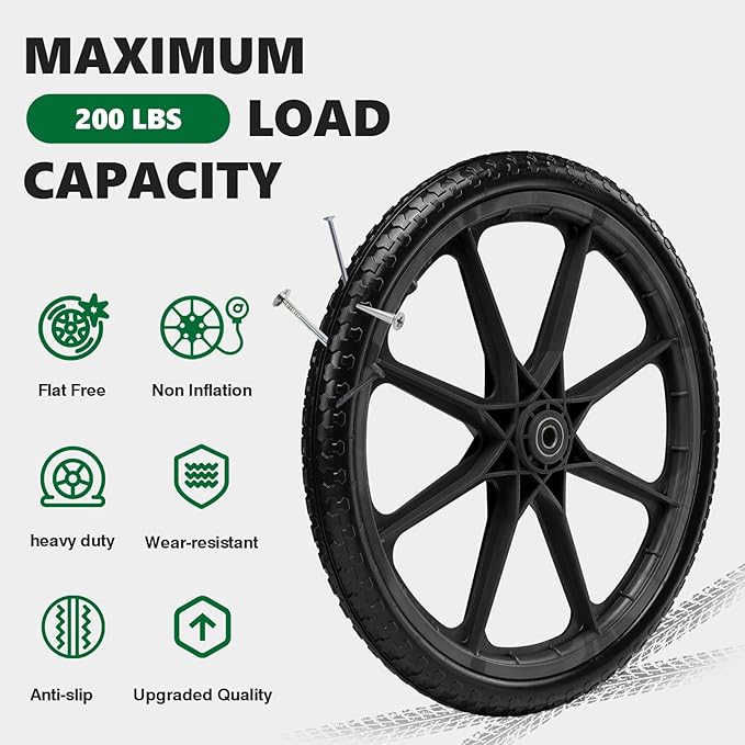 20" Flat Free Tire and Wheel with 3/4" & 5/8" Bearing, Replacement Wheels for Rubbermaid Wheelbarrow,Lawn Carts, Big Wheel Utility Carts and Garden Yard Cart, 2 Pcs Black
