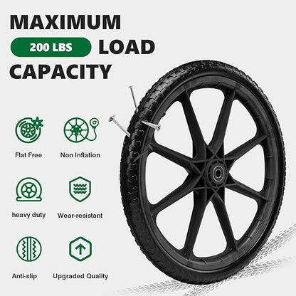 20" Flat Free Tire and Wheel with 3/4" & 5/8" Bearing, Replacement Wheels for Rubbermaid Wheelbarrow,Lawn Carts, Big Wheel Utility Carts and Garden Yard Cart, 2 Pcs Black