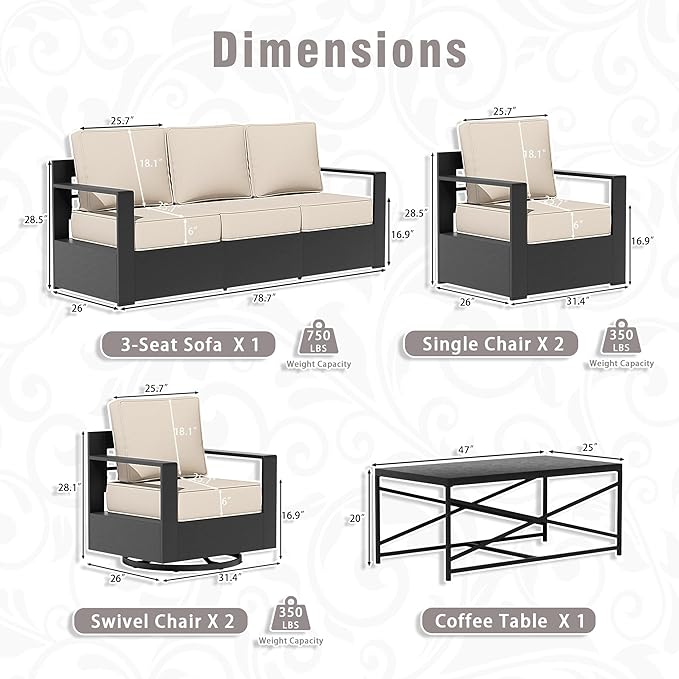 6 PCS Aluminum Patio Conversation Set - 3-Seater Sofa, 2 Swivel Chair, 2 Fixed Chair, 1 Metal Table with 6" Thick Water-insistant Cushions, All-Weather Use Removable Cover (Beige)