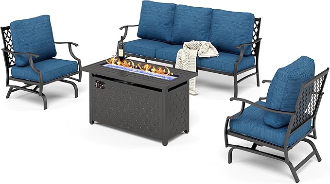 HERA'S HOUSE 4 Pieces Patio Furniture Set with Fire Pit Table, 2 x Rocking Chair, 3-Seat Sofa with 45" Fire Pit Table, Outdoor Conversation Set for Garden Poolside Backyard, Pacific Blue