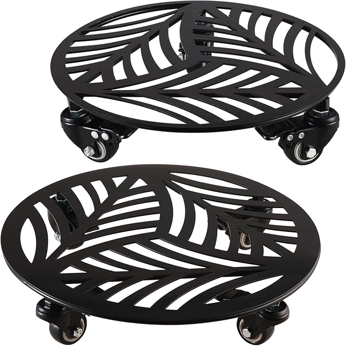 2 Packs Large Metal Plant Caddy with Wheels 13.6" and 12" Heavy-duty Wrought Iron Rolling Plant Stands with PU Metal Casters Indoor Outdoor Round Plant Pot Roller Base Planter Movers, Glossy Black
