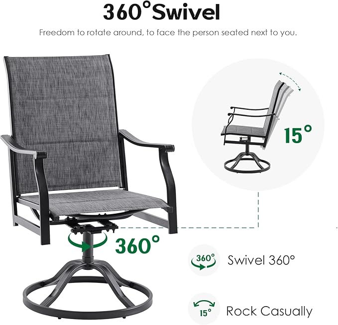 Patio Swivel Chairs Set of 2, Outdoor Dining Chairs with Padded Textilene, Swivel & Rocker Metal Outdoor Patio Dining Chairs All-Weather for Backyard, Grey Fabric with Black Frame
