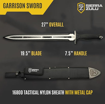 Sierra Zulu Garrison Sword - 7CR13 Stainless Steel Blade, 27.0 inches Overall, 19.5” Blade with Two Tone Powder Coated Finish - Glass Fiber Handle, Tactical Nylon Sheath with Reversible Wear Strap