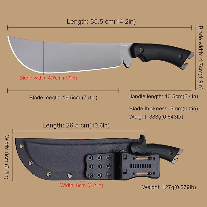 BA-KOR 5MM Full Tang (9CR18MOV) steel 14.1-inch chopping knife+K sheath&5.9-inch cerium igniter can be used for outdoor hunting, camping, obstacle removal, barbecue, fishing, kitchen cutting EDC， Gift giving