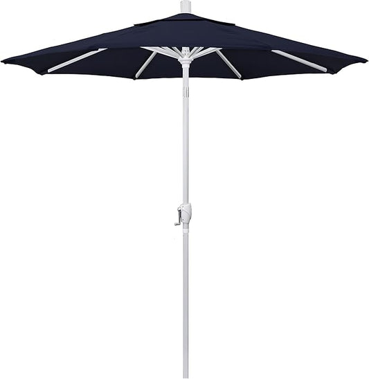 California Umbrella 7.5' Round Aluminum Market Umbrella, Crank Lift, Push Button Tilt, White Pole, Navy Blue Olefin
