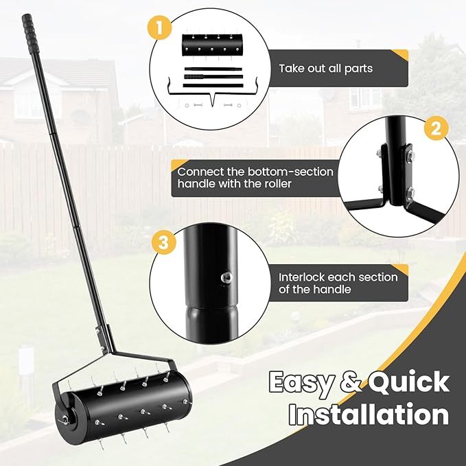 IRONMAX Rolling Lawn Aerator, Sand/Stone Filled Manual Dethatching Soil Aerating Push Tool with Ergonomic Handle, Grass Aerator Lawn Tool for Yard, Garden, Lawn Health Care (18''W x 51''H)