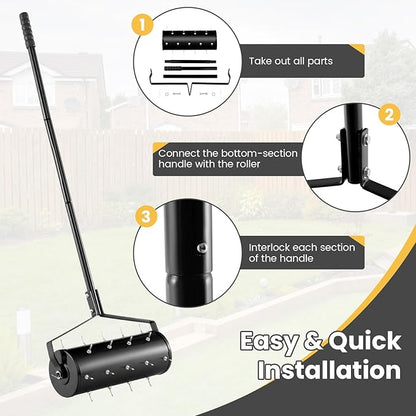 IRONMAX Rolling Lawn Aerator, Sand/Stone Filled Manual Dethatching Soil Aerating Push Tool with Ergonomic Handle, Grass Aerator Lawn Tool for Yard, Garden, Lawn Health Care (18''W x 51''H)