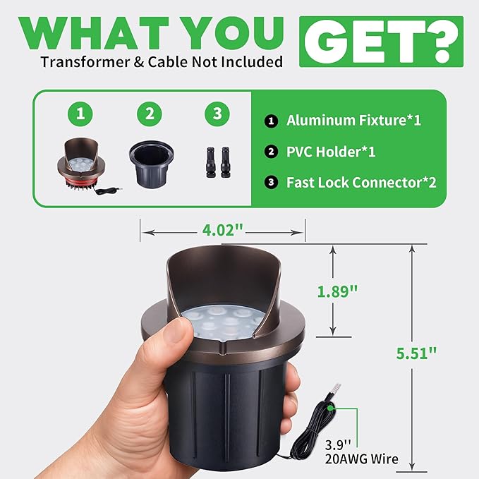 Low Voltage Well Lights LED, 12V in-Grade Landscape Lights, Outdoor IP67 Waterproof, 6" Wired Shielded Top Aluminum ORB for Path Yard 6W 420LM 10 Pack