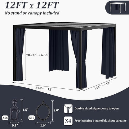 Gazebo Universal Replacement Privacy Curtain,12'×12' Gazebo Outdoor Waterproof Curtains, 4-Panels Sidewall Curtains with Double Zipper for Patio Canopy, Garden and Backyard (Curtain Only)