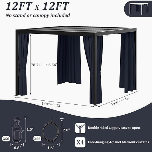 Gazebo Universal Replacement Privacy Curtain,12'×12' Gazebo Outdoor Waterproof Curtains, 4-Panels Sidewall Curtains with Double Zipper for Patio Canopy, Garden and Backyard (Curtain Only)