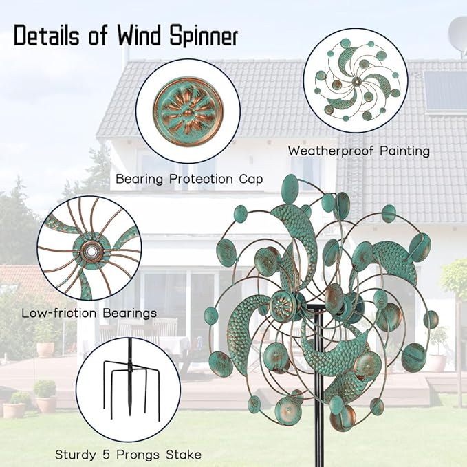 DREAMYSOUL Wind Spinner Outdoor, Metal Kinetic Wind Spinners, 13 Inches Dia Wind Spinners for Yard Garden Outside Patio Lawn Decor (Turquoise)