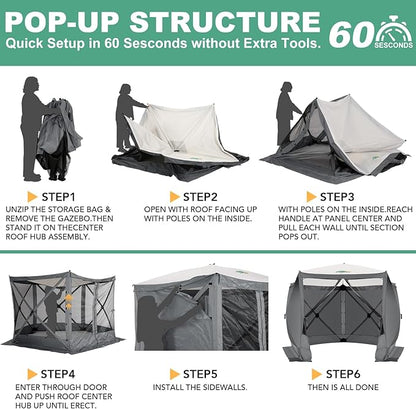 COBIZI 10x10ft Pop up Gazebo Screen House Tent for Camping, Pop-up Camping Canopy with Sidewalls,Portable Outdoor Quick-Set Hub Tent with Carrying Bag&Ground Stakes,Gray(Upgraded 2.0)