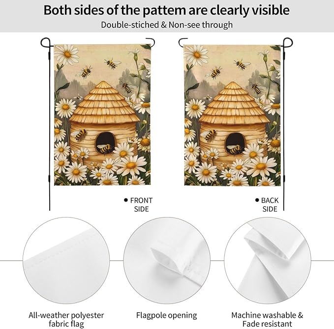 Bee Flower Garden Flag Vertical Double Sided Outdoor Yard Flags 12.5x18 Inch Burlap Banners for House Lawn