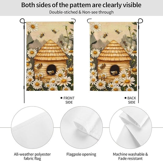 Bee Flower Garden Flag Vertical Double Sided Outdoor Yard Flags 12.5x18 Inch Burlap Banners for House Lawn