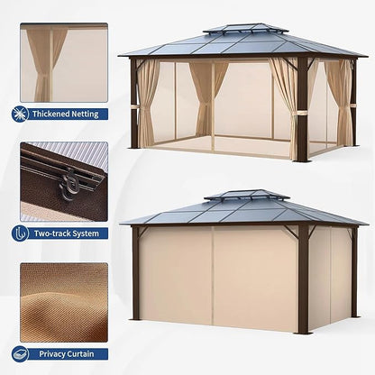 Hardtop Gazebo, 10FTx12FT Polycarbonate Double Top Canopy, Aluminum Frame Permanent Pavilion with Curtains and Netting, for Lawns, Patios, Gardens