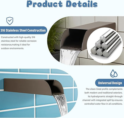 4x3 Inch Stainless Steel 316 Waterfall Spout for Pools Ponds Water Walls - Outdoor Fountain Spillway with Straight Flow Design & Built-in Lip (Brown)
