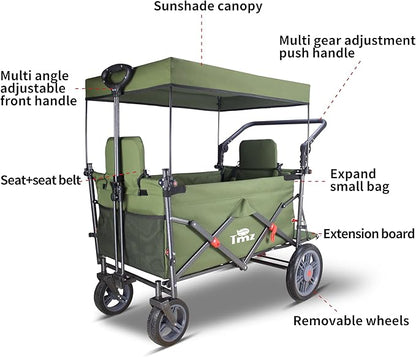 TMZ Collapsible Foldable Wagon Cart with Quick-Release Wheels and 2 Seats, Heavy Duty Wagon 265LBS Load Capacity for Camping Garden Shopping (Green)