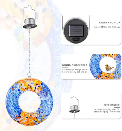 VCUTEKA Bird Feeder Solar Fly Through Bird Feeders for Outside Hanging with Round Shape Glass Container to Attract Wild Birds for Garden Decor, Solar Birdfeeder as Gift for Lovers, Multi 8-Inch