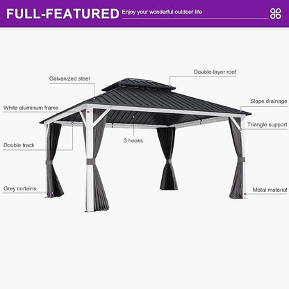 PURPLE LEAF 12' X 14' Outdoor Gazebo Hardtop, Metal Roof White Aluminum Frame Gazebo with Curtain and Netting for Patio, Garden and Backyard