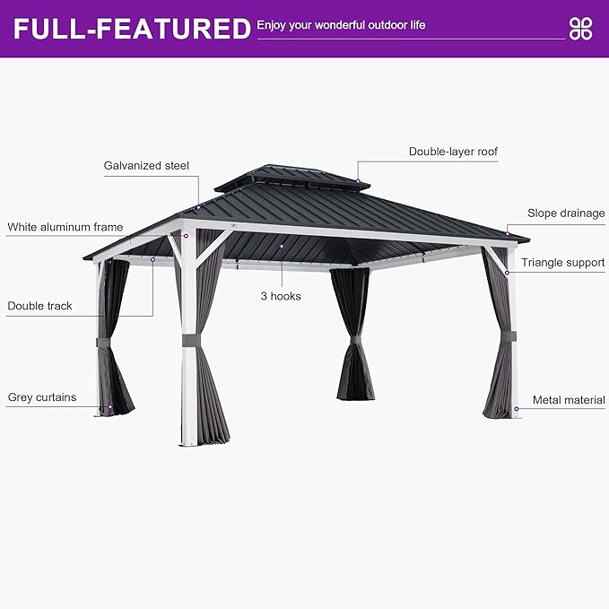 PURPLE LEAF 12' X 14' Hardtop Gazebo,Outdoor White Aluminum Frame Gazebo with Curtain and Netting for Patio, Garden and Backyard