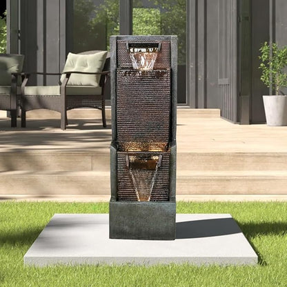 Outdoor Garden Water Fountain with Contemporary Design&LED Light Floor-Standing Water Feature Fountain - Suitable for Deck, Patio, Porch, Yard Decor