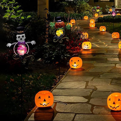 Solar Halloween Decorations Outdoor,2 Pack Pumpkin＆Skull Halloween Metal Yard Stakes,Solar Yard Signs Decorative Garden Stakes for Outside Lawn Patio Pathway