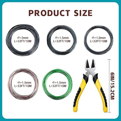 5 Roll Bonsai Wires, Anodized Aluminum Bonsai Training Wire with Wire Cutter, 3 Colors and 3 Sizes (1mm, 1.5mm, 2mm), Total 160 Feet, Aluminum Wires for Indoor Garden Small Trunks DIY Tools