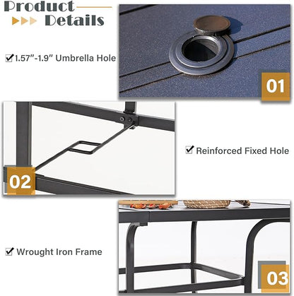 Patio Outdoor Table and Chairs Set with Umbrella Orange Red, Patio Dining Sets for 6, 7 Pieces Patio Table Set Clearance for Backyard Deck Porch Outside, Metal Table with Hole & Rattan Chairs