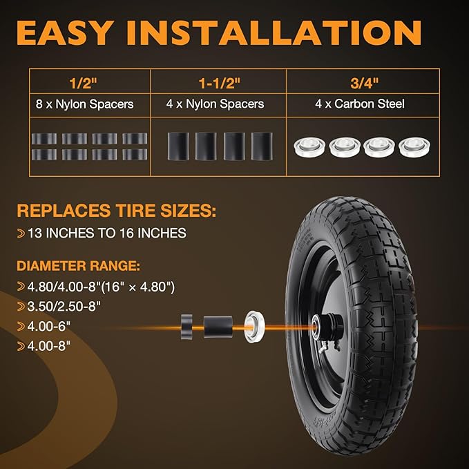 HQPASFY 2 Pack 14.5" Flat Free Tire 4.80/4.00-8 Wheelbarrow Tire and Wheel, 3" Centered Hub, 5/8" & 3/4" Bearings Replacement for Wheelbarrows, Garden Carts, Dump Carts, Lawn Equipment