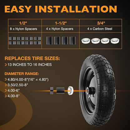 HQPASFY 2 Pack 14.5" Flat Free Tire 4.80/4.00-8 Wheelbarrow Tire and Wheel, 3" Centered Hub, 5/8" & 3/4" Bearings Replacement for Wheelbarrows, Garden Carts, Dump Carts, Lawn Equipment