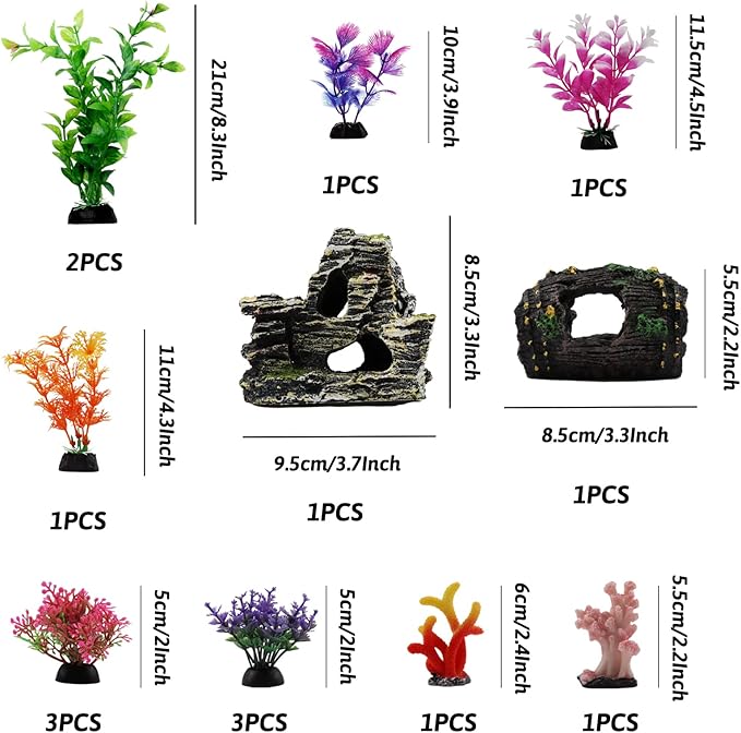 Fish Tank Decorations Plants with Resin Broken Barrel and Cave Rock View, 15pcs Aquarium Decorations Plants Plastic,Fish Tank Accessories, Fish Cave and Hideout Ornaments, Aquarium Decor