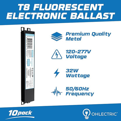 OHLECTRIC 10 Pack - Replacement for ICN3P32-SC 1,2&3 Lamp - T8 Fluorescent Ballast, Electronic Ballast Replacement 120-277 Volt, Instant Start - Standard and Energy Efficient Ballasts - UL Approved