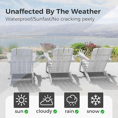 Folding Adirondack Chair Wood Texture 6 Pack, HDPE All-Weather Fire Pit Chairs, Plastic Adirondack Chairs with 2 Cup Holder, Outdoor Lawn Chair for Patio Garden (White)