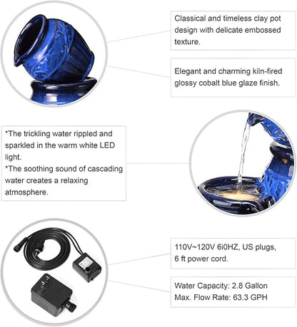 Glitzhome 27.25" H Outdoor Garden Water Fountain with LED Lights and Pump, 4 Tier Cobalt Blue Embossed Pattern Ceramic Pots Cascading Floor Standing Fountain for Porch Deck Patio Backyard Decoration