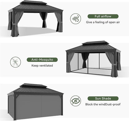 Aoxun 12' X 16' Permanent Hardtop Gazebo Aluminum Gazebo with Galvanized Steel Double Roof for Patio Lawn and Garden, Curtains and Netting Included, and LED Outdoor Waterproof Hanging Lights, Grey