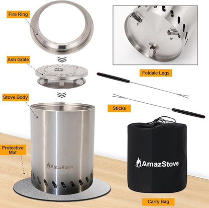 9.7 x 7.1 Inch Tabletop Fire Pit by AmazStove, Low Smoke Camping Stove for Outdoor Safe Burning Firepits, Fueled Pellets or Wood, Travel Bag Included (Silver, 9.7 x 7.1 INCH)