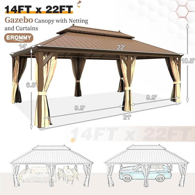 EROMMY 14'x22' Hardtop Gazebo Double Roof Galvanized Steel Canopy Outdoor Aluminum Frame Permanent Metal Pavilion with Netting and Curtains for Patio Backyard Deck and Lawns