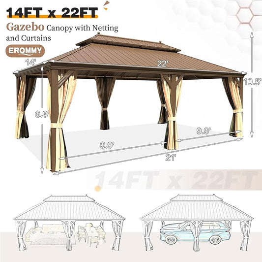 EROMMY 14'x22' Hardtop Gazebo Double Roof Galvanized Steel Canopy Outdoor Aluminum Frame Permanent Metal Pavilion with Netting and Curtains for Patio Backyard Deck and Lawns