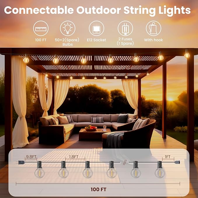 RTTY Outdoor String Lights 100ft, G40 Led Patio Globe Lights with 52pcs Bulbs,Shatterproof Waterproof Connectable Outside Hanging for Porch Cafe Bistro Backyard Gazebo Balcony Deck Party