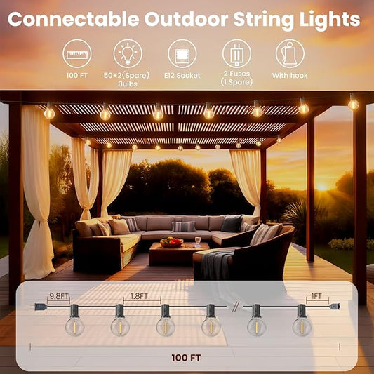 RTTY Outdoor String Lights 100ft, G40 Led Patio Globe Lights with 52pcs Bulbs,Shatterproof Waterproof Connectable Outside Hanging for Porch Cafe Bistro Backyard Gazebo Balcony Deck Party