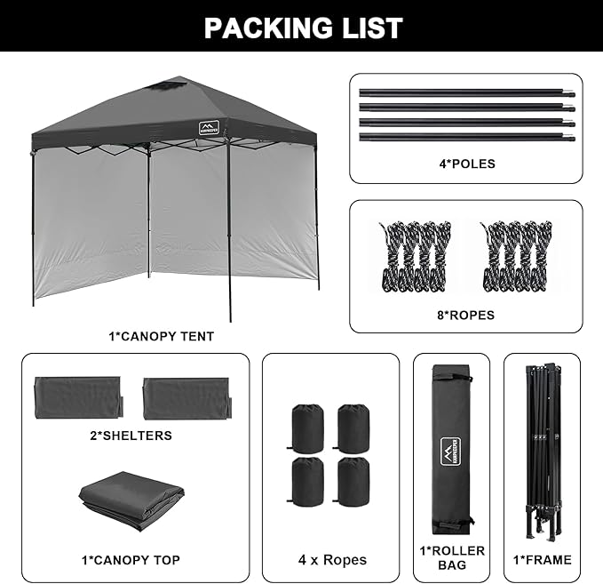 KAMPKEEPER 10x10 Easy Pop Up Canopy Tent with Sidewalls, Instant Outdoor Shade Shelter with Removable 10FT Sun Walls, Quick Setup Waterproof and UV-Resistant for Patio (Black, 2 sidewall)
