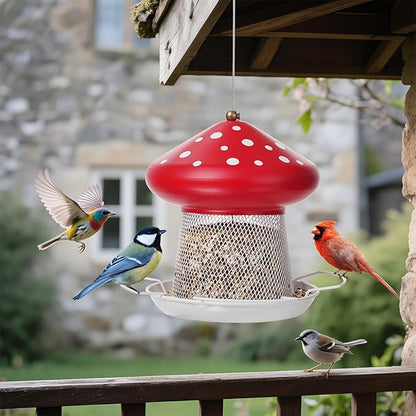 Bird Feeder, Heavy Duty Metal Bird Feeders for Outdoor Hanging, Cute Mushroom Shape 3.5 LB Large Capacity Wild Birdfeeder for Outside Garden Yard (Red)