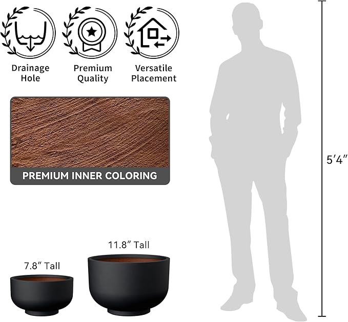 Kante 17.7 Inch Dia Concrete Bowl Planter, Large Tapered Bottom Plant Pot with Drainage, Smooth Black Finish with Warm Brown Interior, Ideal for Porch, Home, Garden, Patio