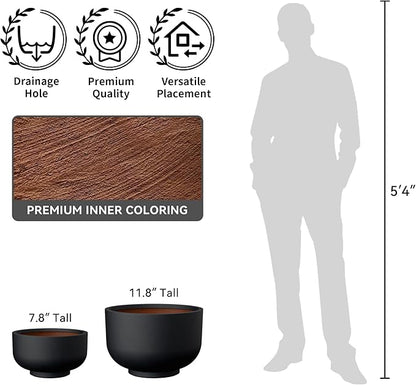 Kante 17.7 Inch Dia Concrete Bowl Planter, Large Tapered Bottom Plant Pot with Drainage, Smooth Black Finish with Warm Brown Interior, Ideal for Porch, Home, Garden, Patio