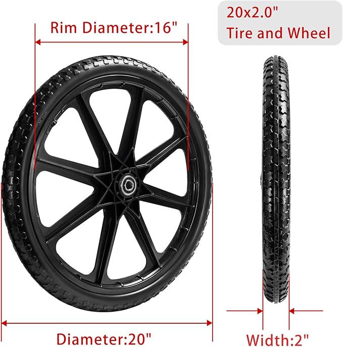 Parts Camp 20" Flat Free Tire Cart Wheels Replacement Rubbermaid Wheelbarrow Wheels Garden Cart Replacement Wheel With 5/8" 3/4" Bearing For Utility Carts/Lawn Cart/Wheelbarrow 2PACK