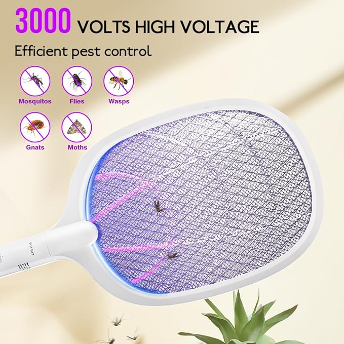 Electric Fly Swatter Indoor & Outdoor 3000V Bug Zapper Racket Dual Modes Mosquito Killer with Purple Mosquito Light Rechargeable Fly Zapper for Indoor Home Office Backyard Patio Camping