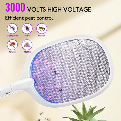 Electric Fly Swatter Indoor & Outdoor 3000V Bug Zapper Racket Dual Modes Mosquito Killer with Purple Mosquito Light Rechargeable Fly Zapper for Indoor Home Office Backyard Patio Camping