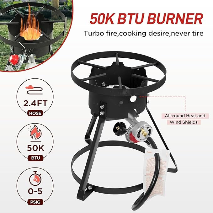 Red Mountain Valley 10.5 Qt Outdoor Propane Fish Fryer Pot Kit with Aluminum Strainer Basket, Thermometer for Boiling and Frying, 50,000 BTU Burner, 0-5 PSI Regulator, Full CSA Approved Fish Cooker