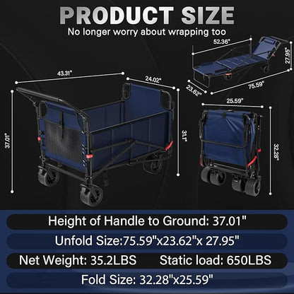 LEVELEVE Heavy Duty Folding Wagon - 2-in-1 Collapsible Cart, 650lb Capacity, All-Terrain Wheels w/Brakes & Side Pockets